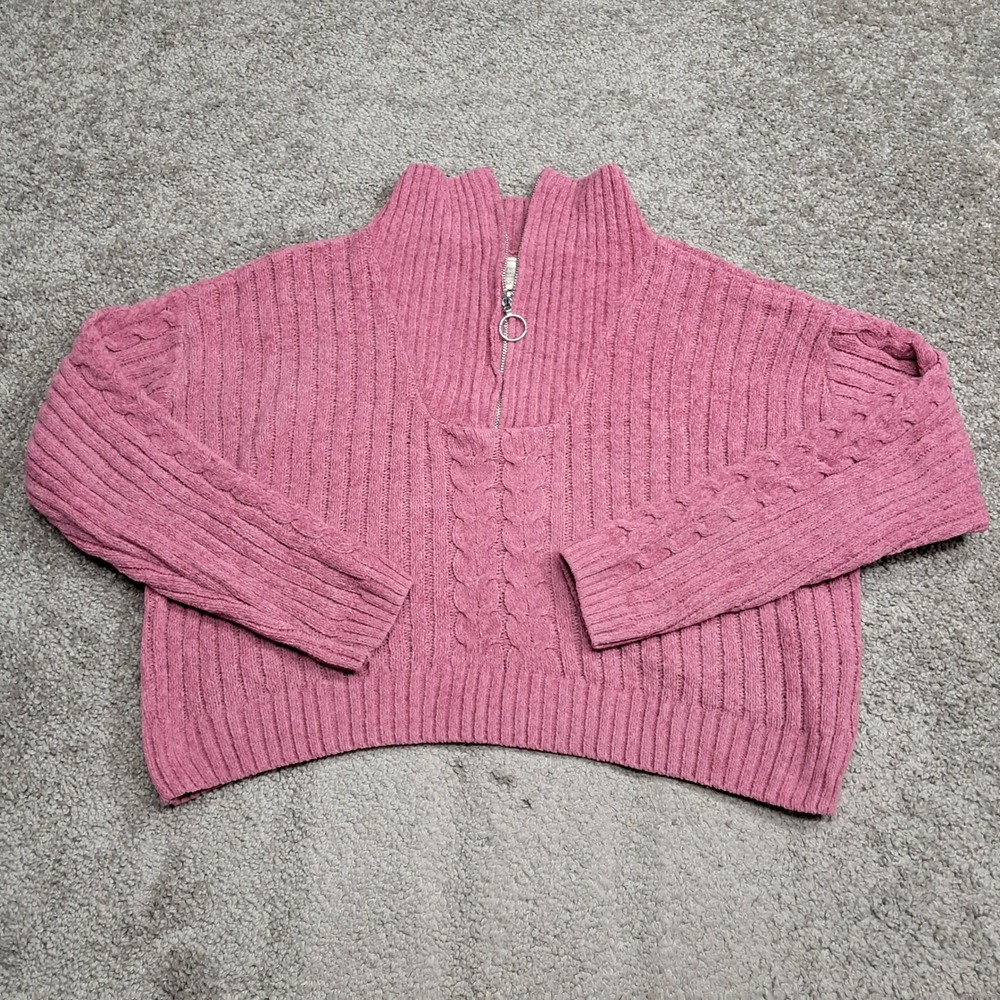 No Comment Womens Pink Chenille Quarter Zip Cable Knit Cropped‎ Sweater L